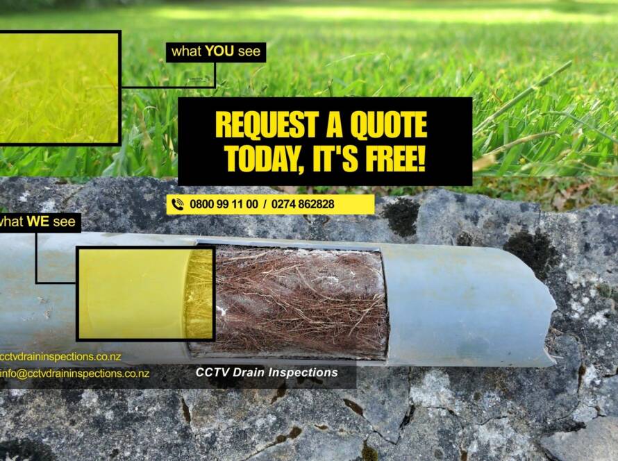 Split image showing healthy green grass on top and a drain camera view below revealing tree roots blocking a pipe, with text “Request a Free Quote Today, It’s Free!” from CCTV Drain Inspections.