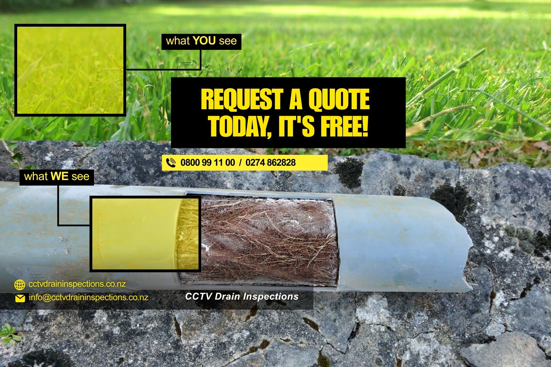 Split image showing healthy green grass on top and a drain camera view below revealing tree roots blocking a pipe, with text “Request a Free Quote Today, It’s Free!” from CCTV Drain Inspections.